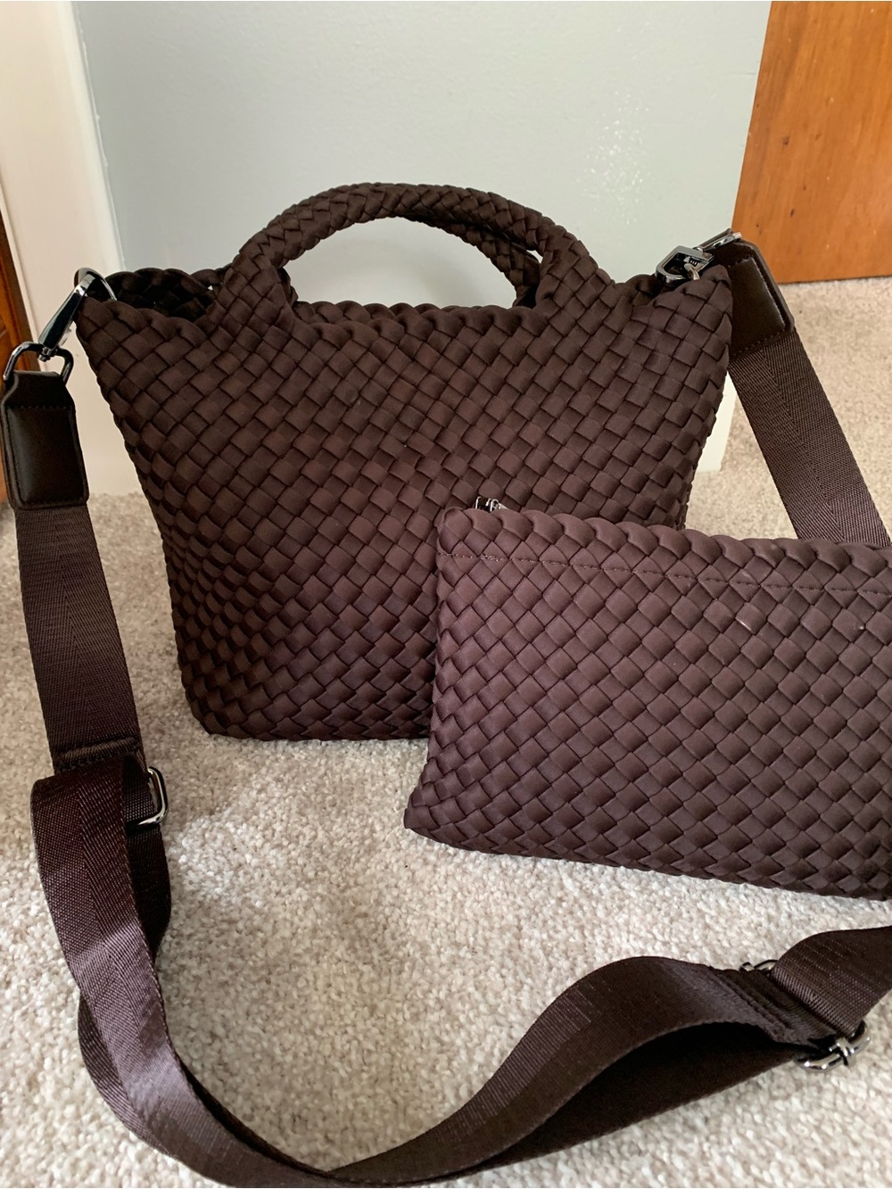 Braided Chocolate Brown Tote with Removable Pouch and Strap - Picture 2 of 3